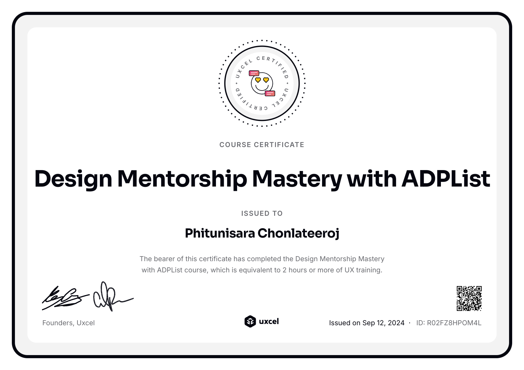 Phitunisara Chonlateeroj's certificate